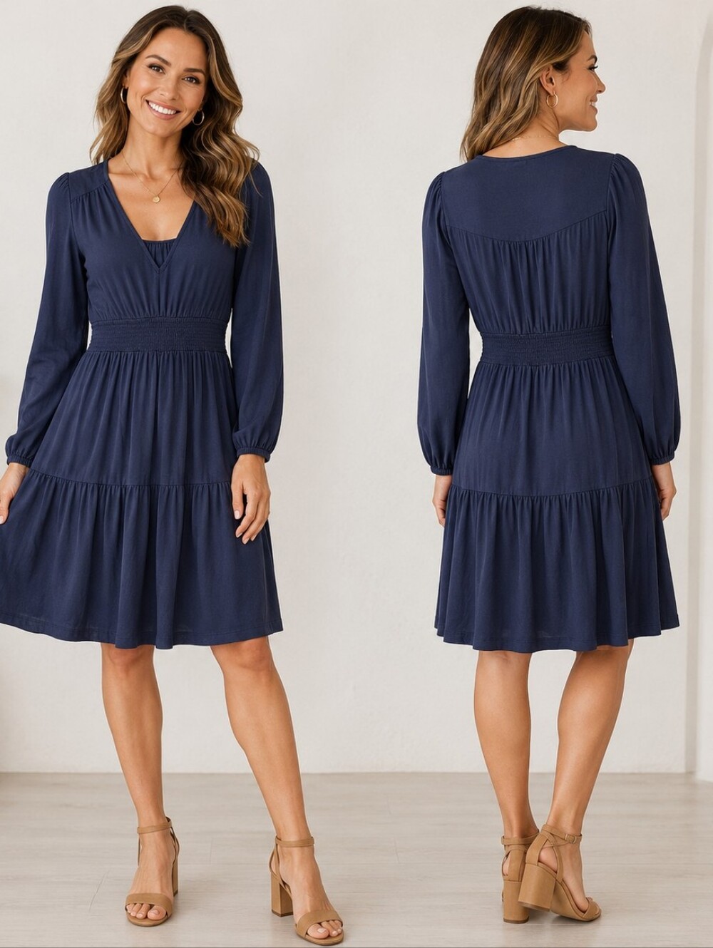 FatFace Navy Tiered Smocked Waist Dress Size 4 Minimalist Capsule Tiered Dress